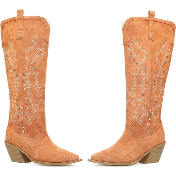 Women Faux Suede Tan Thick Heels Pointed toe Studs Embroider Rivets Riding Boots - Picture 4 of 8